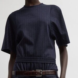 Tibi.Newton Stripe Sculpted Shrunken T-Shirt. NWT. Size Large. Navy Pinstripe.
